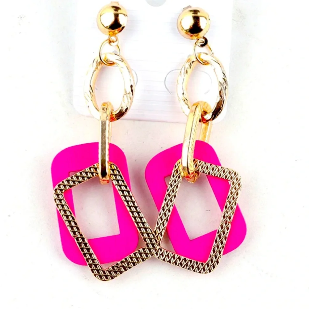 Multi-Shape Colorful Wooden with Gold-Tone Dangle Earrings, Push Back Closure - Picture 1 of 13